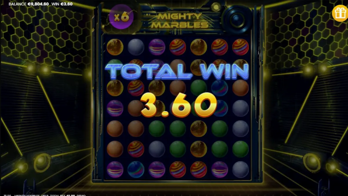 Tampilan visual neon kosmik dari slot Mighty Marbles dengan simbol kelereng bercahaya.