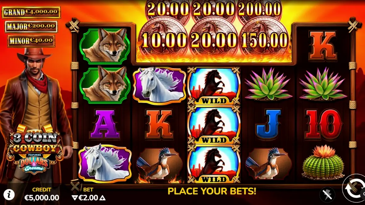 Tampilan visual slot 3 Coin Cowboy Dollars & Dreams dengan latar belakang gurun dan simbol koboi.